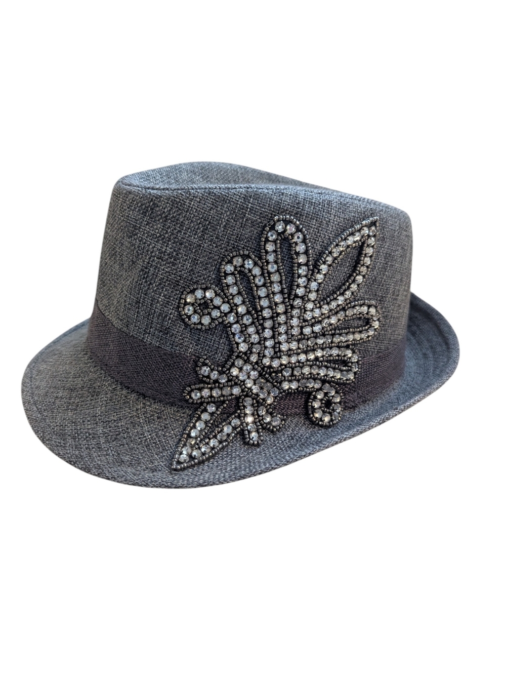 Women's Gray Rhinestone Embellished Fedora Hat